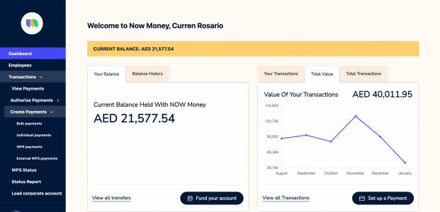 A screenshot of the NOW Money payroll dashboard.