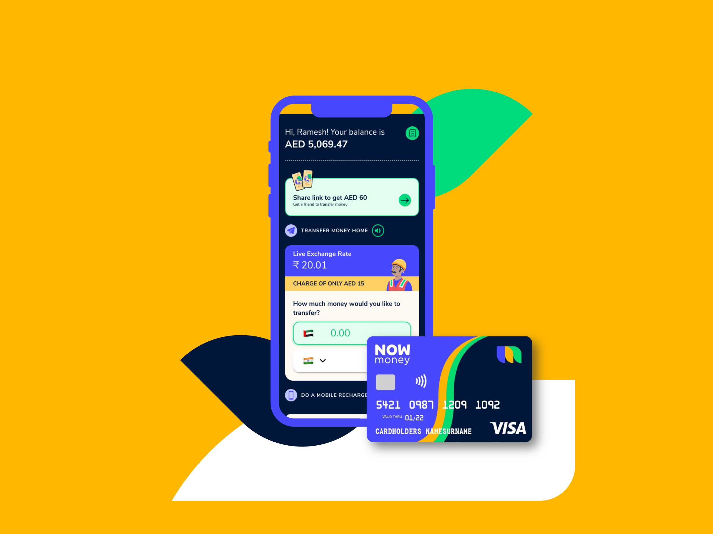 A mobile phone and bank card, showing NOW Money's digital dashboard.