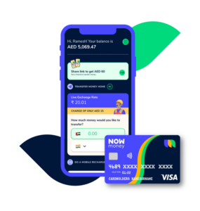 NOW Money VISA card and a screenshot of the NOW Money mobile app.