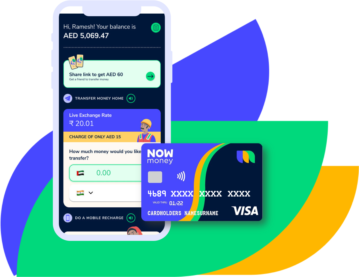 NOW Money VISA card and a screenshot of the NOW Money mobile app.