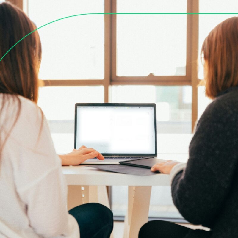 Two people sitting in the office and looking at a laptop screen, most likely discussing the difference between VAT output and VAT input in the UAE.