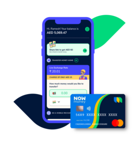 NOW Money Mastercard card and a screenshot of the NOW Money mobile app.