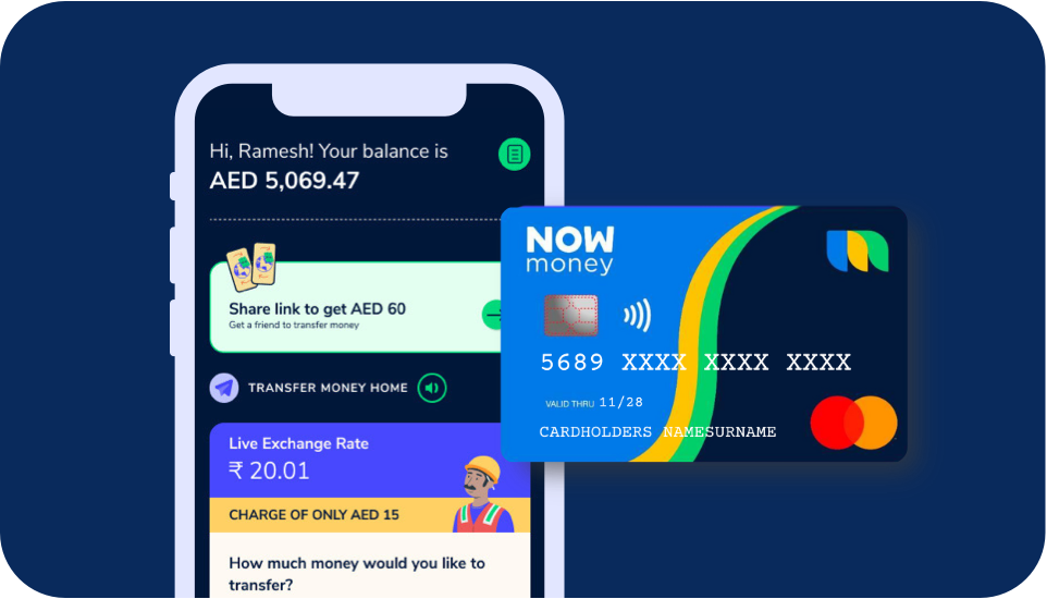 NOW Money Mastercard card and a screenshot of the NOW Money mobile app.